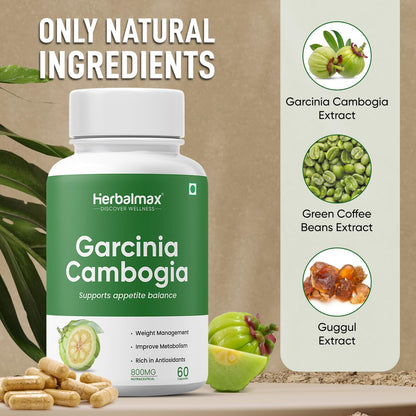 Herbal Max Garcinia Cambogia Capsules – 60 Veg Capsules | 60% HCA & Green Tea Extract | Supports Weight Management, Fat Burning, Digestion & Metabolism