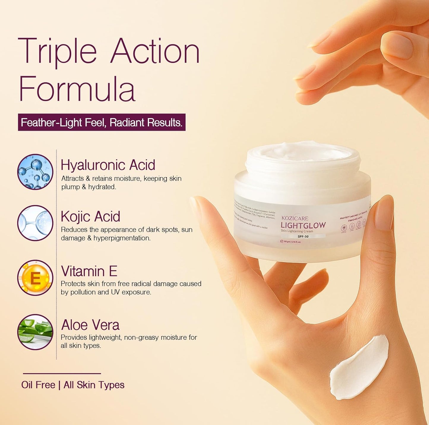 Kozicare Kojic Acid Cream with Hyaluronic Acid & Vitamin E | Lightweight Moisturizer with SPF 50 | Nourishing for All Skin Types | Achieve Radiant, Flawless Skin | Perfect for Women & Men - 50 gm