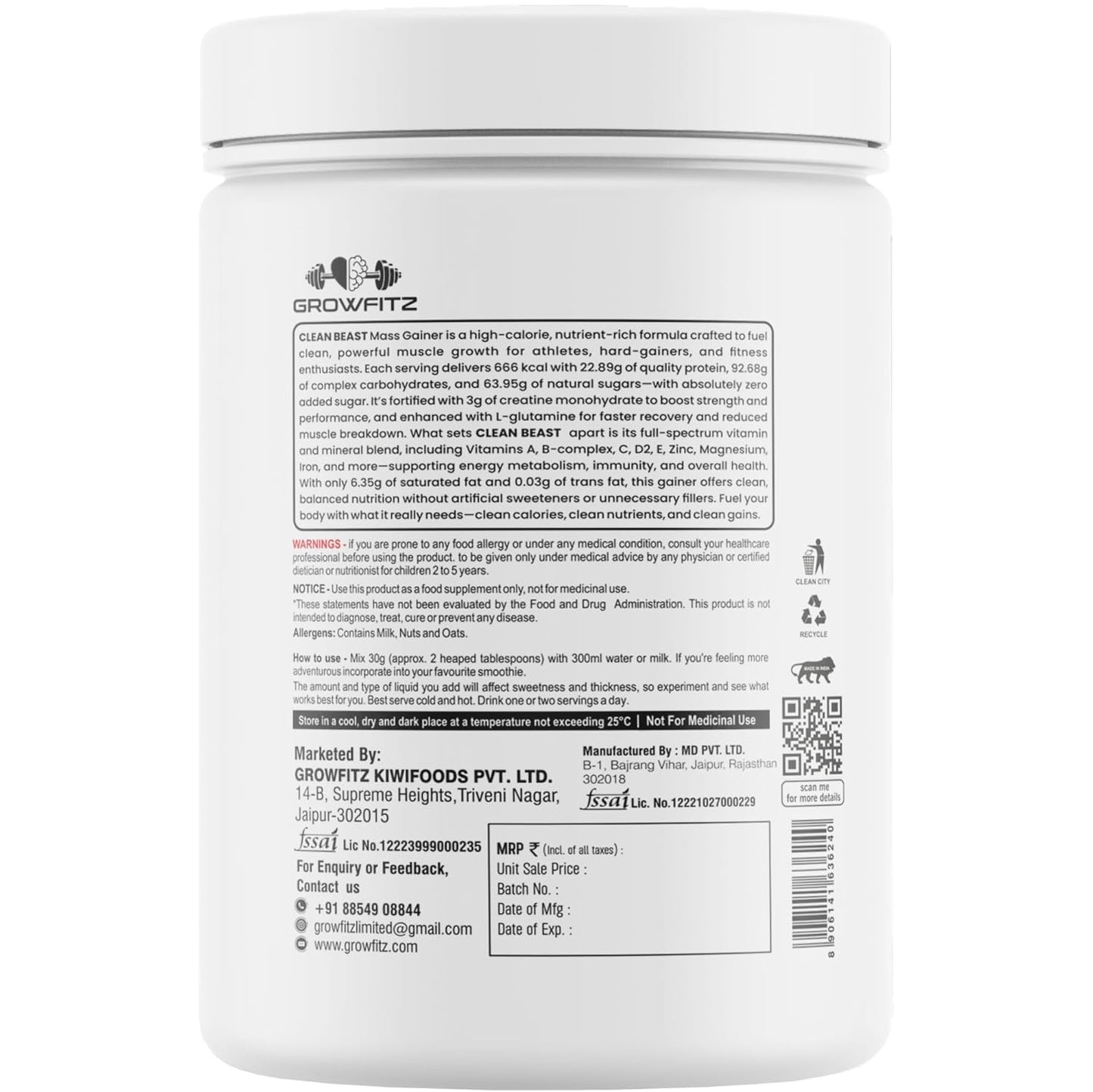 Growfitz All Natural Clean Beast Mass & Weight Gainer 500gram | 23g High Protein | Cereals Based | Support Muscle Growth | 95g Carbs & 3g Creatine | 666 Calories With Vitamins & Minerals | Chocolate Flavour