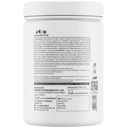 Growfitz All Natural Clean Beast Mass & Weight Gainer 500gram | 23g High Protein | Cereals Based | Support Muscle Growth | 95g Carbs & 3g Creatine | 666 Calories With Vitamins & Minerals | Chocolate Flavour