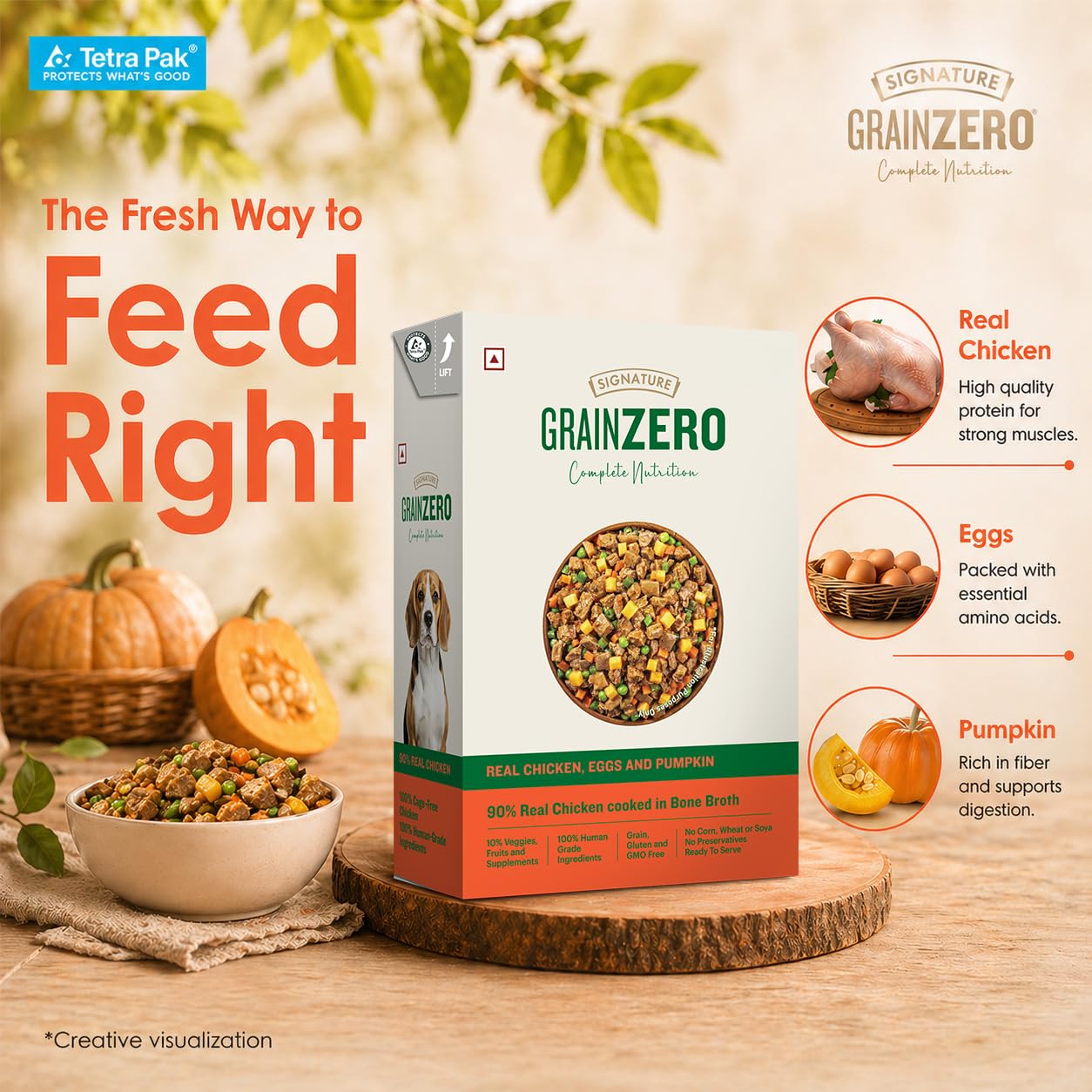 Grain Zero Dog Fresh Food Tetra Pak Real Chicken, Egg & Pumpkin, for Adult & Puppy, 350g | Supports Joint & Health | Immune System | Anti Inflammatory Properties | Ready to Serve | One Pack One Meal