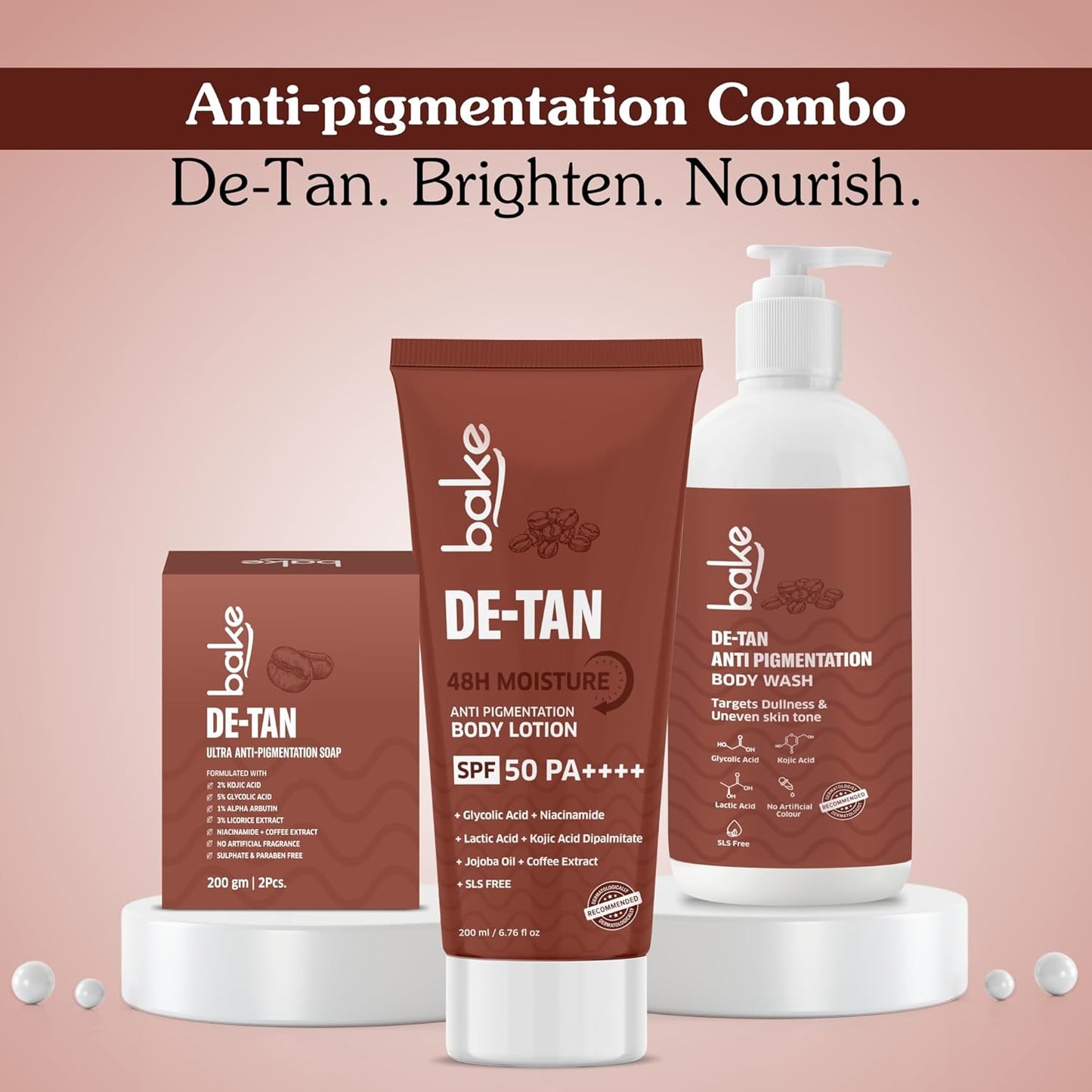 BAKE De-Tan Coffee Body Lotion (200ml) 48 Hour Moisturization with Kojic Acid, Lactic Acid, Niacinamide & SPF 50 for Pigmentation & Tan Removal | For Dark Spots & Sun Protection | Tanned & Pigmented Skin | For Women & Men