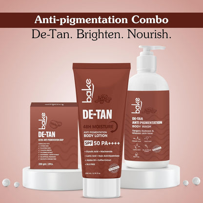 BAKE De-Tan Coffee Body Lotion (200ml) 48 Hour Moisturization with Kojic Acid, Lactic Acid, Niacinamide & SPF 50 for Pigmentation & Tan Removal | For Dark Spots & Sun Protection | Tanned & Pigmented Skin | For Women & Men