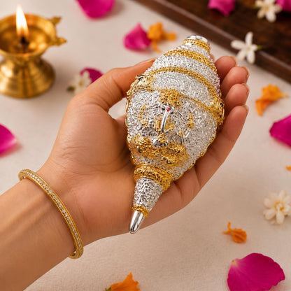 999 Pure Silver Plated & 24K Gold Plated Ganesh Shankh with Velvet Gift Box, 4.7 Inch Ganesha Shankh for Fengshui Vastu Gifts, Wedding Anniversary House Warming Gifts New Home Decor Items