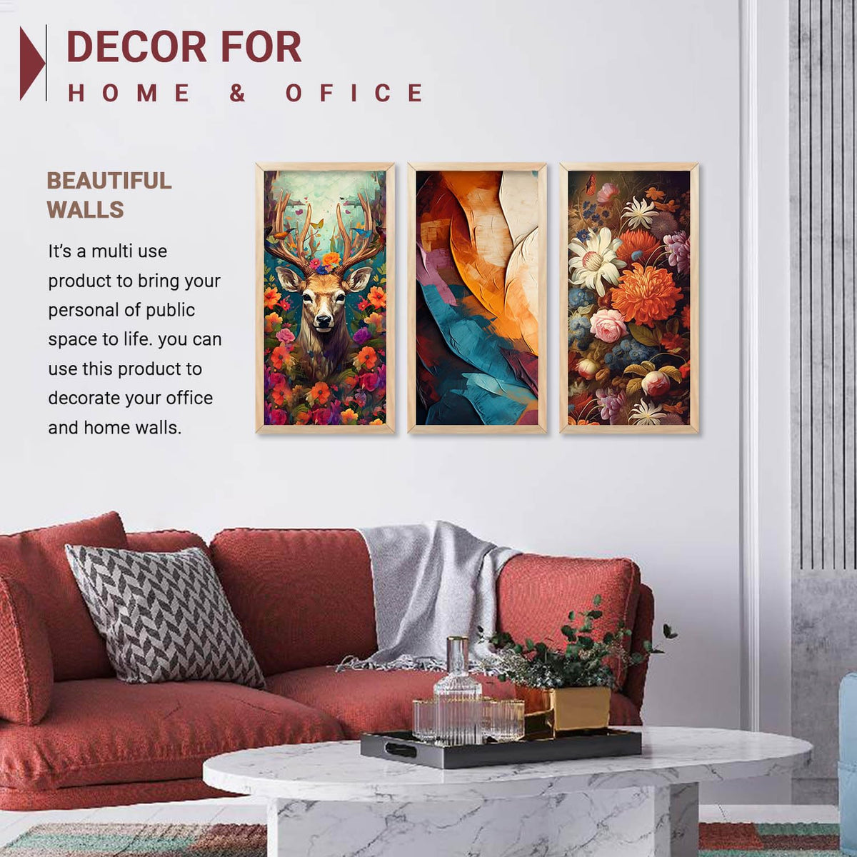 Decorative Modern Wall Art Print With Frame Abstract Paintings For Living Room Bed Room Hotel Wall Decor Digital Reprint Engineered Wood Set of 3 (Art 10, 10x19 inch)
