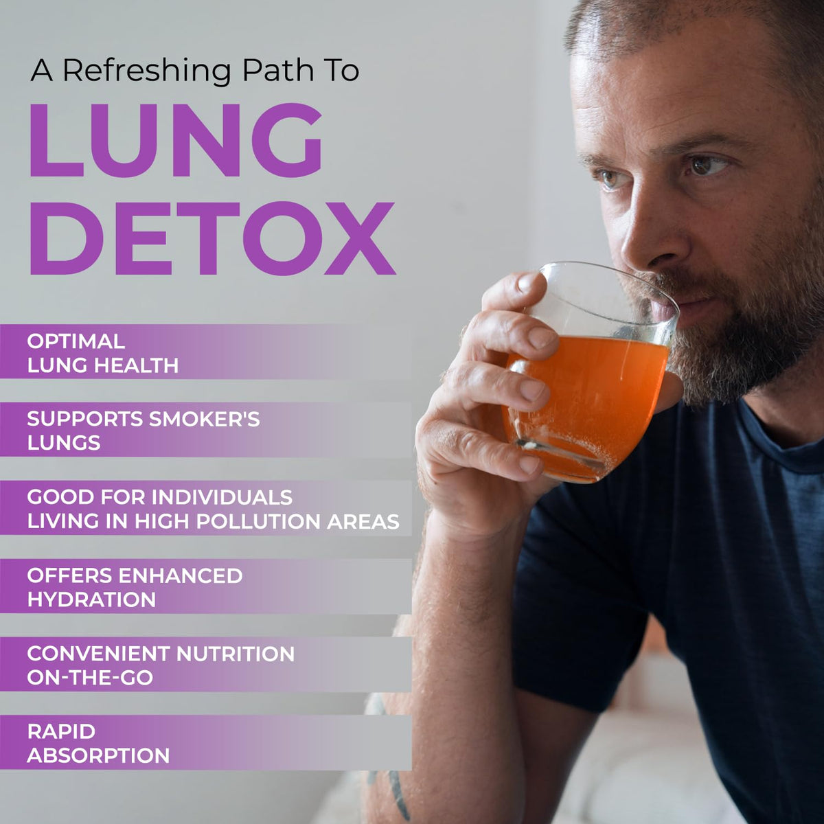 Man drinking from a glass with text about lung detox benefits on a light background