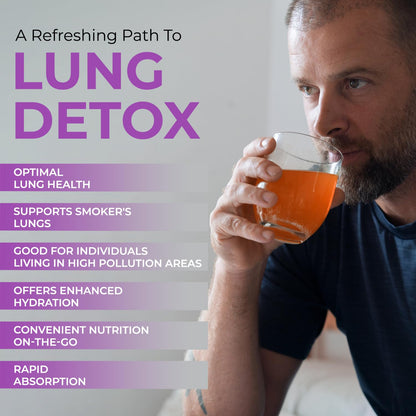 Man drinking from a glass with text about lung detox benefits on a light background