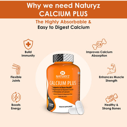 Naturyz Calcium Plus with Calcium Citrate, Vitamin D, Magnesium and Zinc Ideal Supplement for Bone Health & Joint Support of Men & Women - 120 Tablets