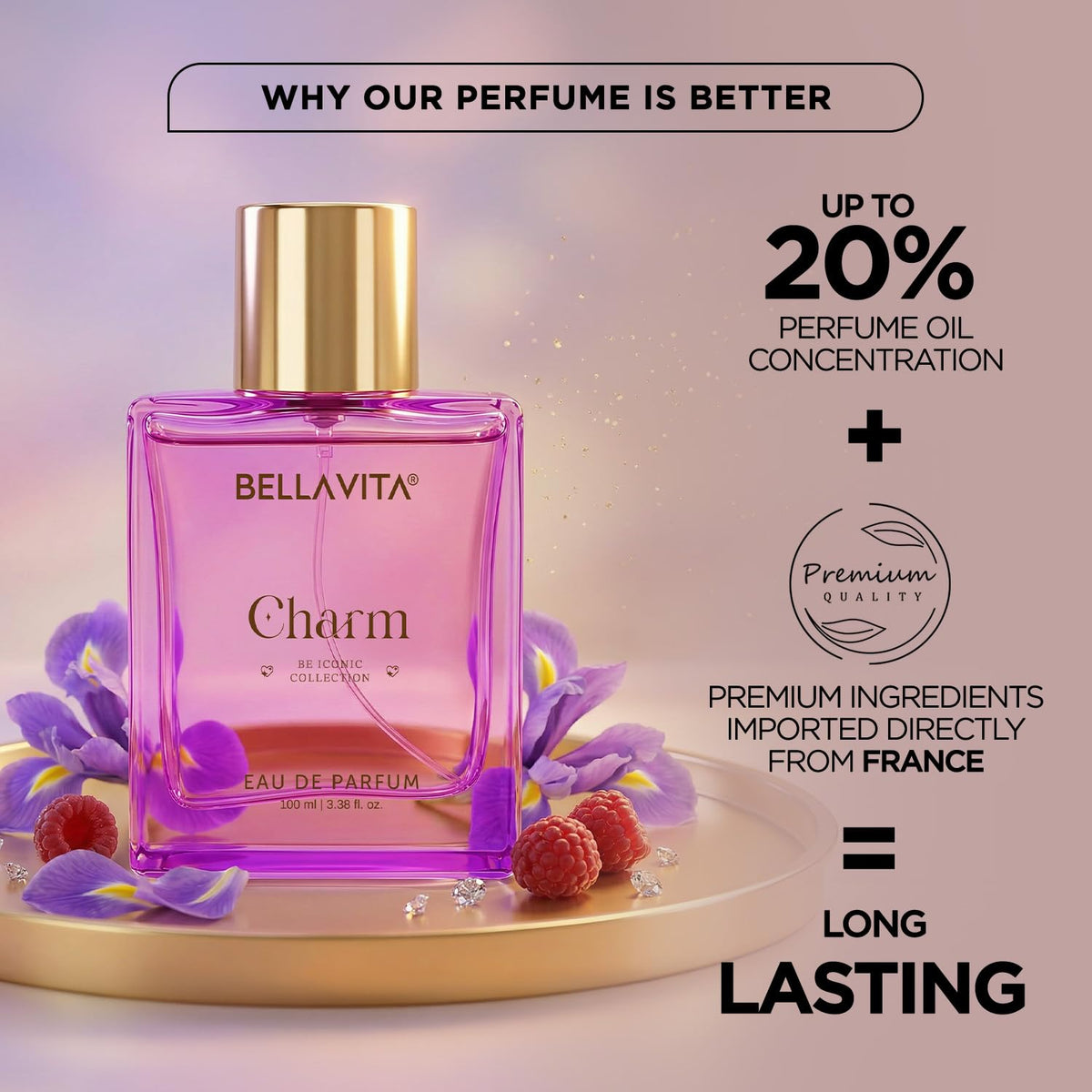 Bellavita Charm perfume bottle with promotional text on a light background