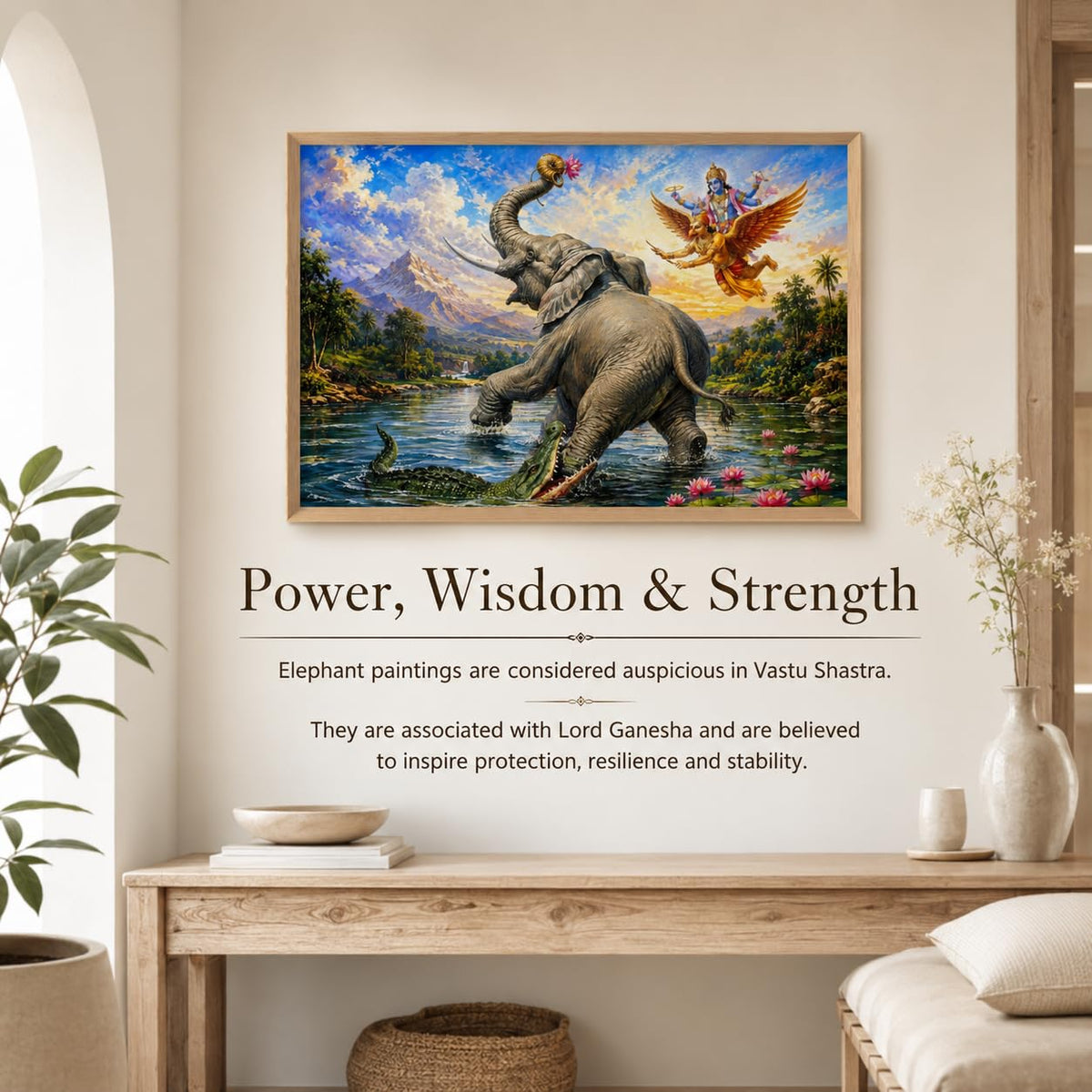 Gajendra Moksha Lord Vishnu Vastu Wall Painting for Living Room Bedroom Hall Office Decor, Hindu Devotional Artwork, Premium Wooden Synthetic Frame (13.5 x 19.5 Inch) NM01-V-181