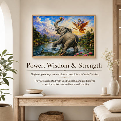 Gajendra Moksha Lord Vishnu Vastu Wall Painting for Living Room Bedroom Hall Office Decor, Hindu Devotional Artwork, Premium Wooden Synthetic Frame (13.5 x 19.5 Inch) NM01-V-181