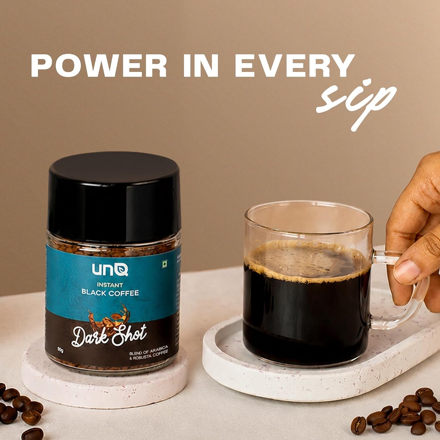 unQ Dark Shot Instant Black Coffee Powder | Strong Arabica Robusta Blend | Cafe Style Coffee | Quick Hot & Cold Mix | 25 Cups | No Additives