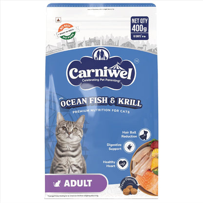 Carniwel Ocean Fish & Antarctic Krill Adult Dry Cat Food 400 gm | Fresh & Natural Ingredients | Highly Palatable | Supports Healthy Skin & Glossy Coat | Premium Nutrition for Cats