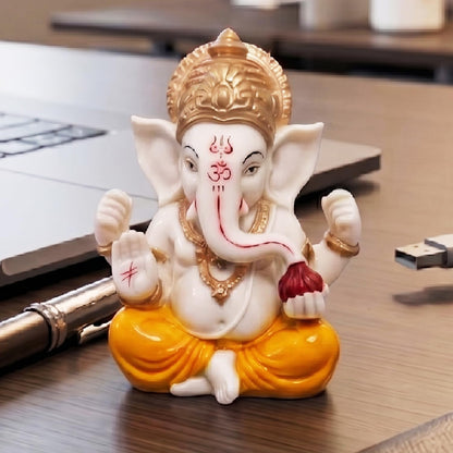Ganesha Idol for Car Dashboard Ganesha Murti Ganpati Idol Home Decor Puja Lord Ganesh Statue Gift for Office for Office Desk Puja Room Figurine (Yellow and Cream 2.5 inches)