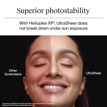 Advertisement for UltraSheer sunscreen with a woman's face and text highlighting photostability.