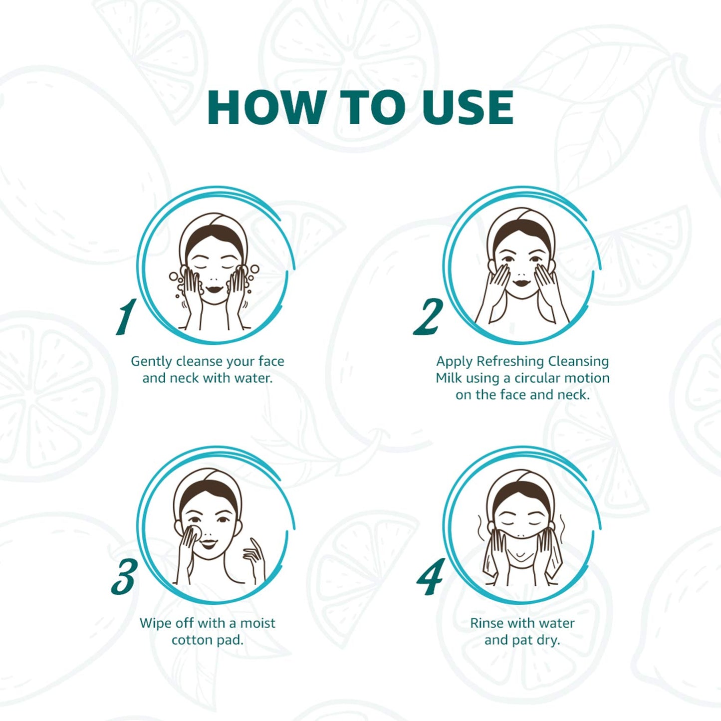 Step-by-step guide on how to use a facial cleansing product with icons and text.