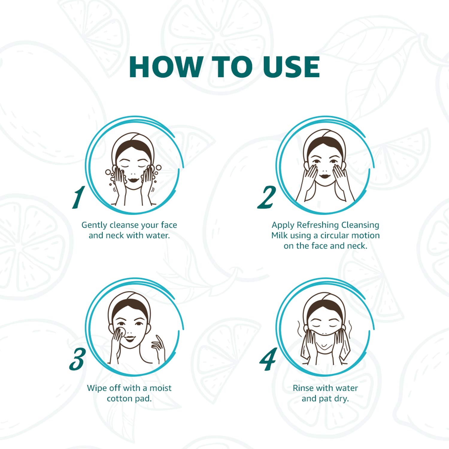 Step-by-step guide on how to use a facial cleansing product with icons and text.
