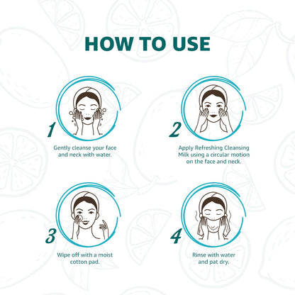Step-by-step guide on how to use a facial cleansing product with icons and text.