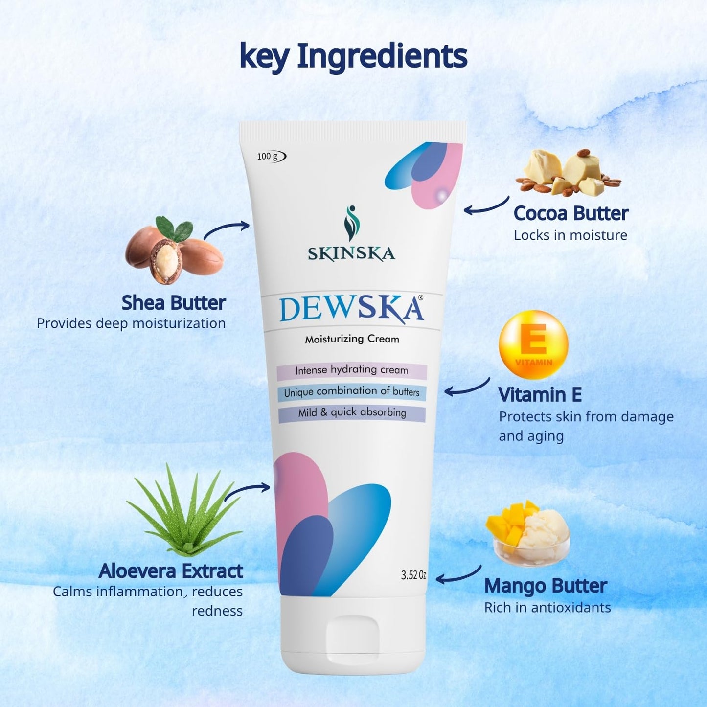 SKINSKA NATURALS Dewska Moisturizing Cream 100g with Cocoa & Shea Butter, Aloe Vera & Vitamin E for Rough & Dry Skin, Daily Face & Body Moisturizer for Men and Women