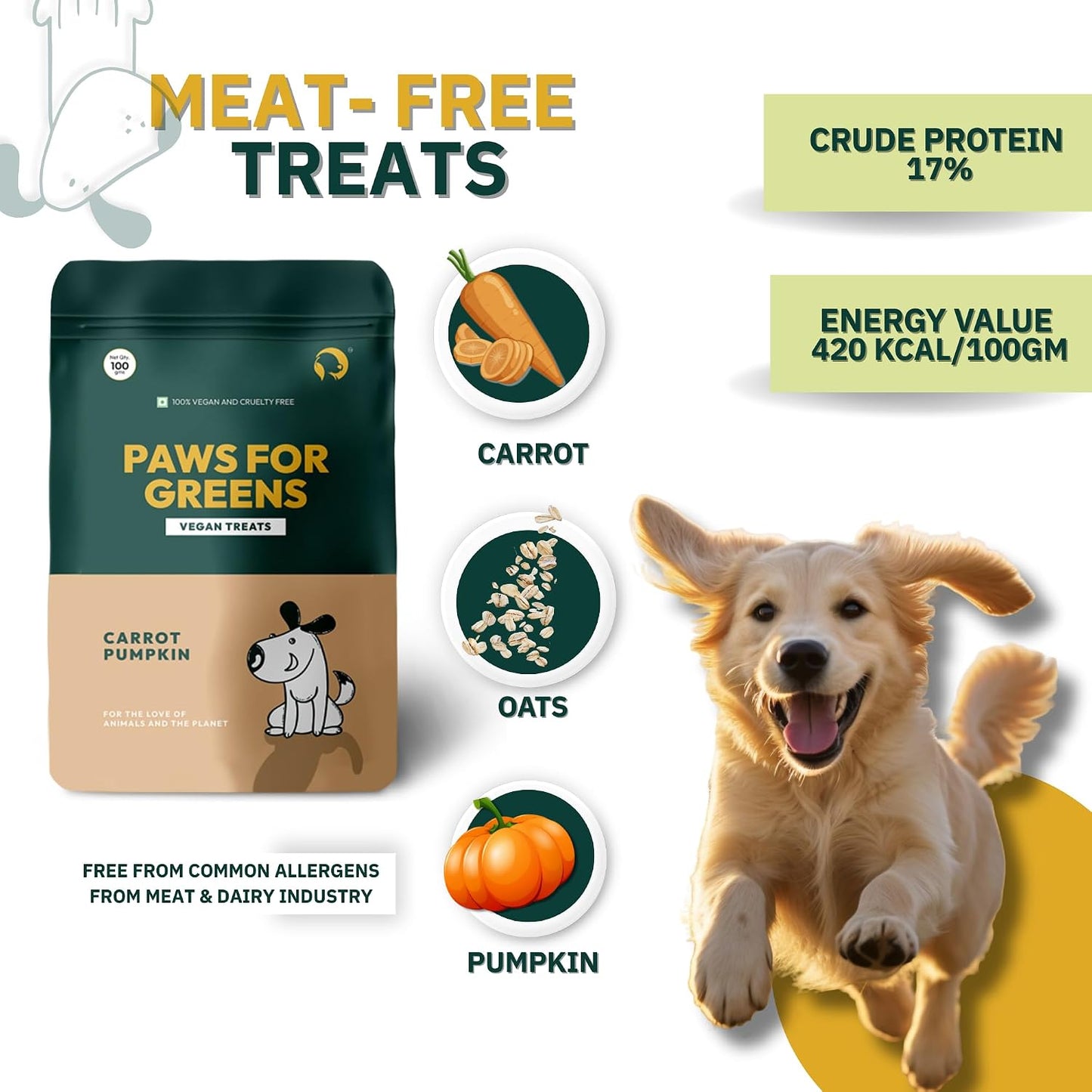 PAWS FOR GREENS Healthy Dog Treats, 100% Natural Plant-Based Dog Biscuits, Meat-Free Veg Snacks for Dogs & Puppies, Tasty & Crunchy Treats for All Breeds, 100g
