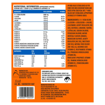 Nutritional information label on a product packaging with an orange and blue color scheme.