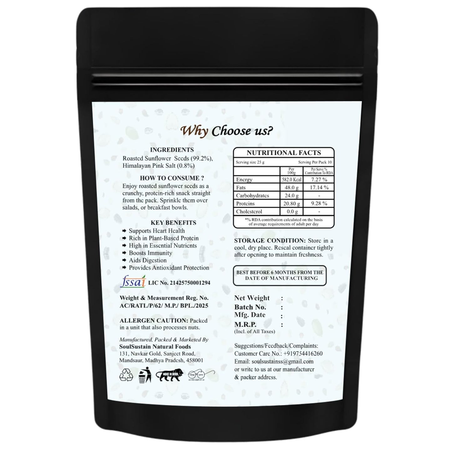 Roasted Sunflower Seeds Snack | Roasted Seeds | Healthy Plant Protein, Fiber & Omega | Gluten Free Vegan Snack for Workout, Travel, School | Sunflower Kernels | Natural Roasted Seeds