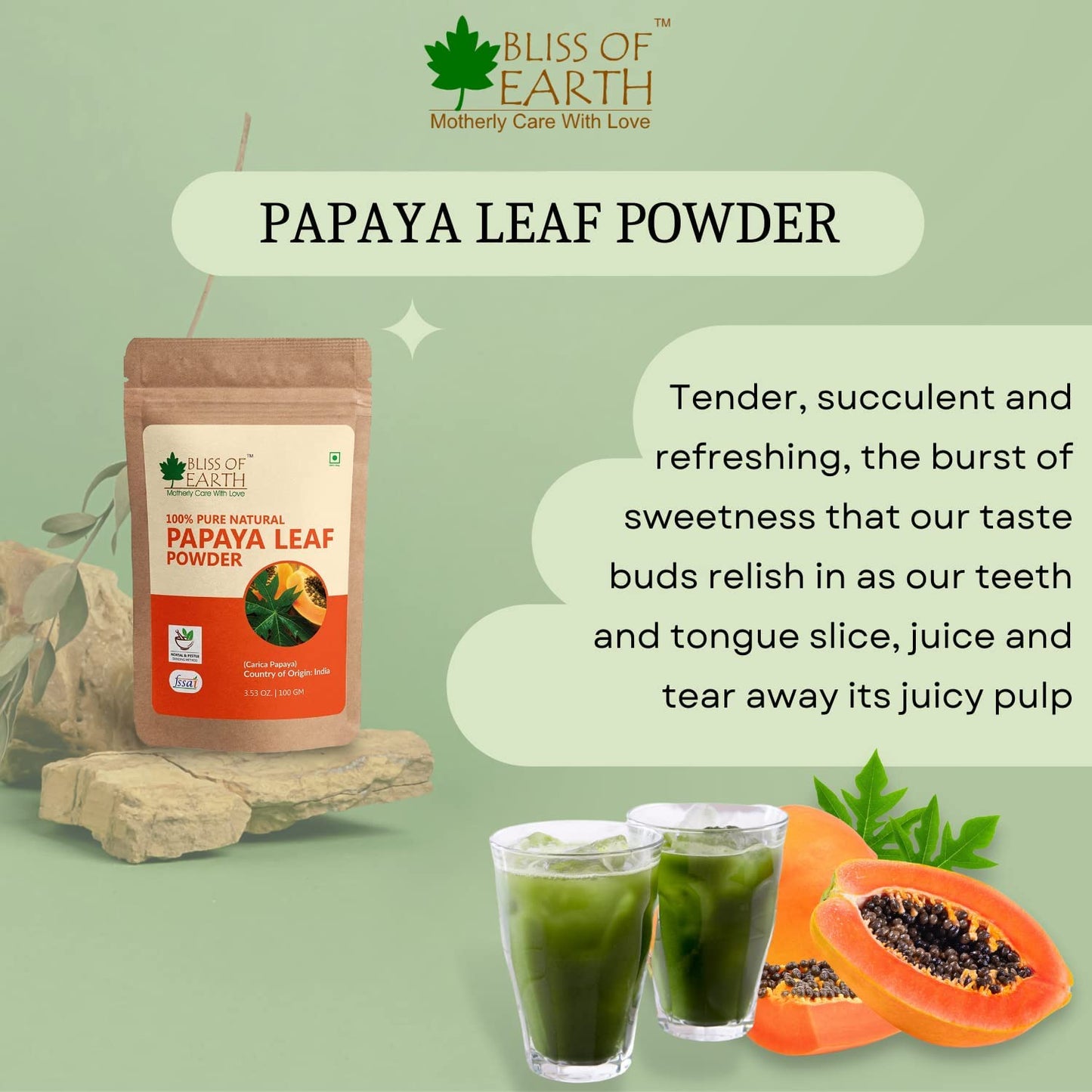 BLISS OF EARTH 100% Pure Papaya Leaf Powder Carica Papaya Helps Digestion & Increases Platelets Anti-Oxidant Skin Rejuvenation 100Gm