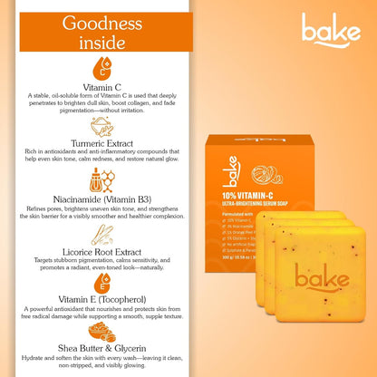 BAKE 10% Vitamin C Ultra Brightening Serum Soap (300g, Pack of 3) with 3% Niacinamide & Turmeric for Pigmentation, Sun Tan & Dark Spots | Exfoliates Dead Skin Cells, Removes Stubborn Marks | For Men & Women - 300g