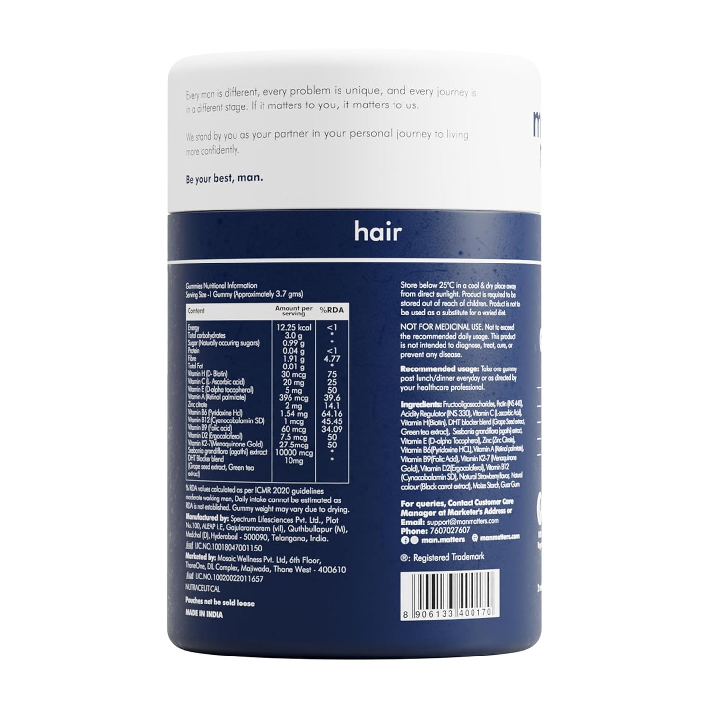 Man Matters Biotin Hair Gummies (60N) | No Added Sugar | With Biotin, DHT Blockers, Vitamin A, C, E, Fibre & Zinc | For Stronger and Healthier Hair | 100% Veg & Gut Friendly