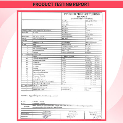 Product testing report with a pink border