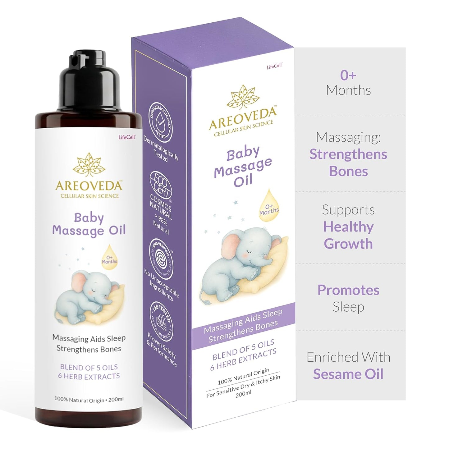AreoVeda 100% Organic Cold-Pressed Baby Massage Oil for Babies & Toddlers (200ml) | With Almond (Badam) & Sesame Oils | Non-Sticky & Quick-Absorbing | Massage Strengthens Bones, Aids Sleep