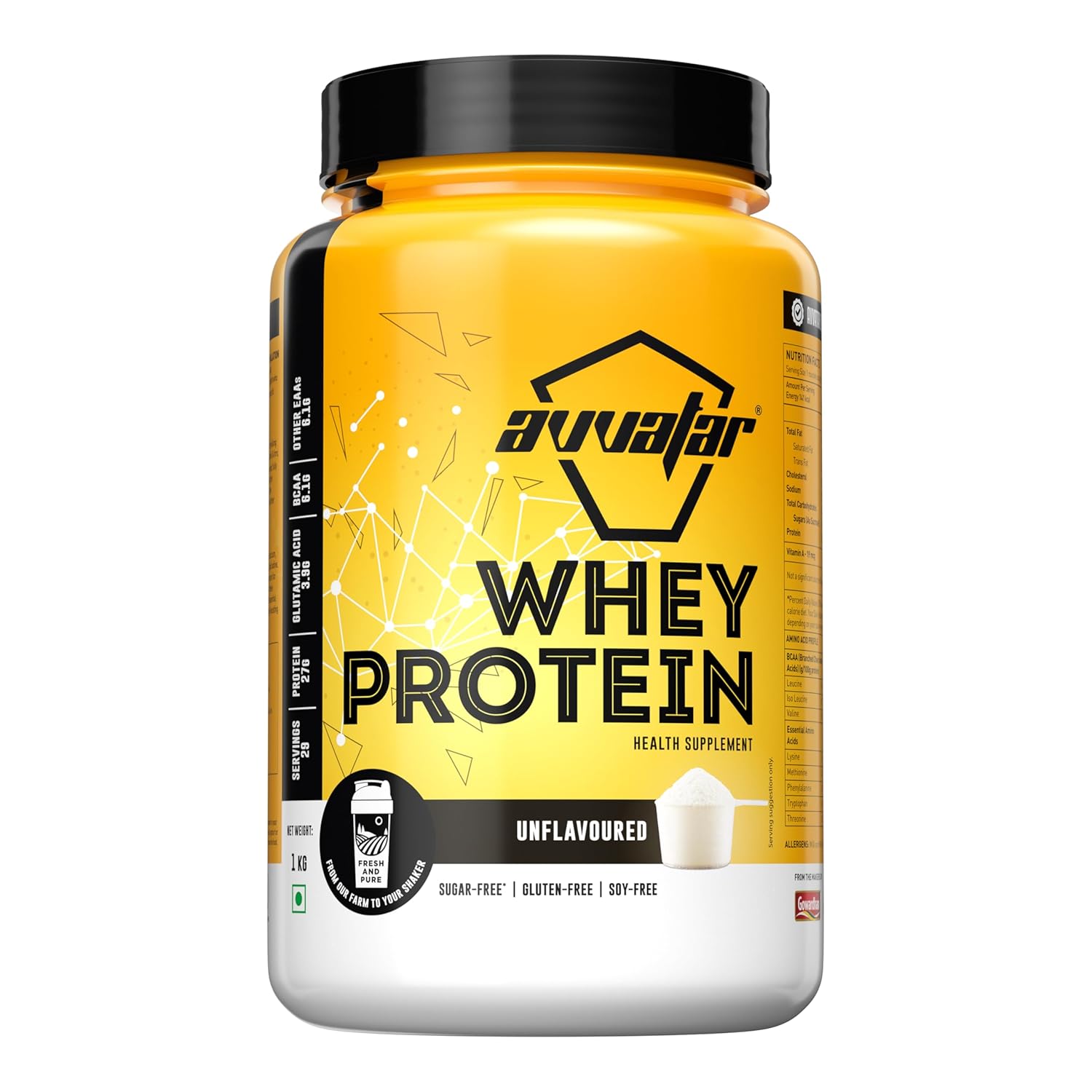 Yellow and black container of Avvalar whey protein on a white background