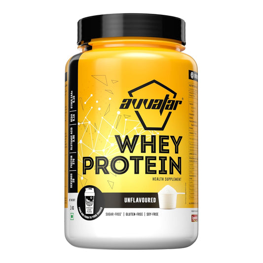 Yellow and black container of Avvalar whey protein on a white background