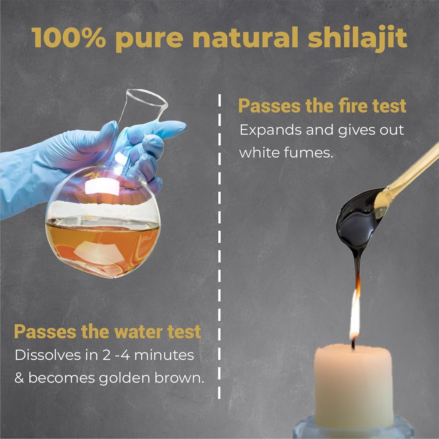 Advertisement for 100% pure natural shilajit with a beaker and candle test on a gray background.