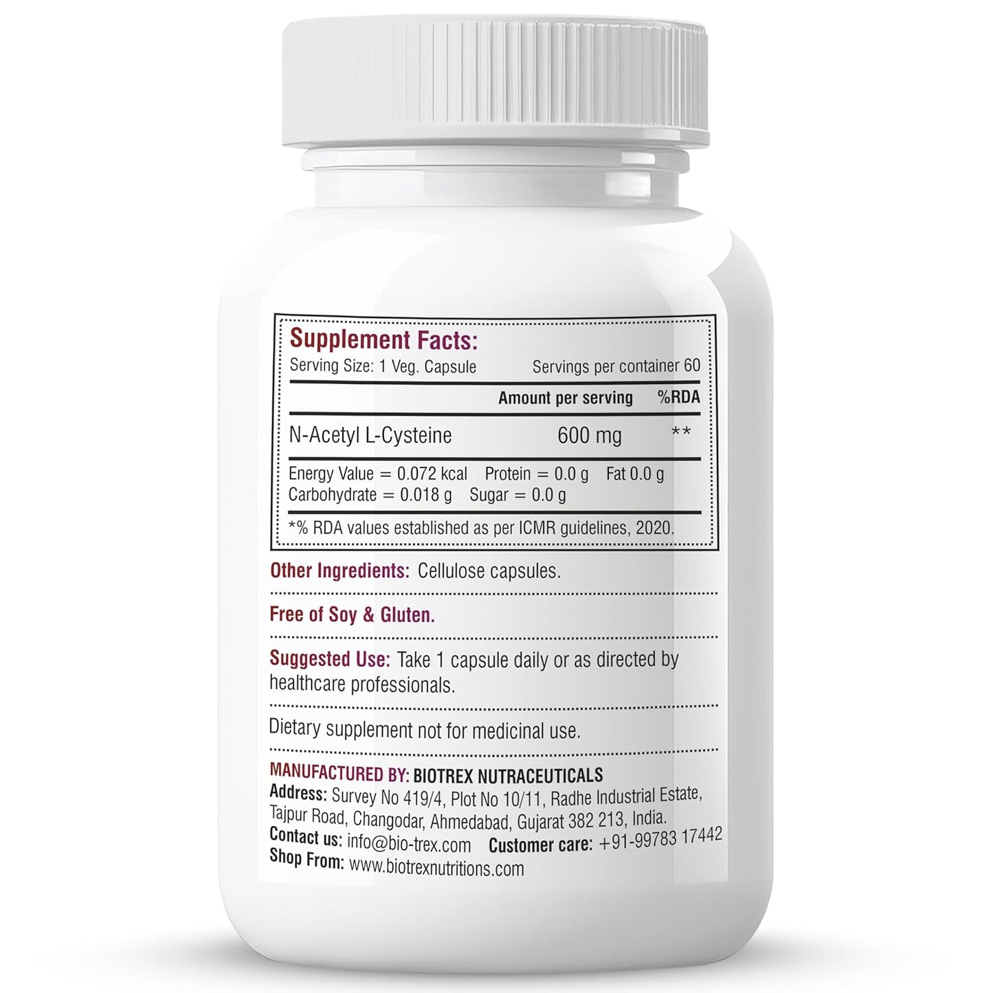 Biotrex Nutraceuticals N Acetyl L-Cysteine (NAC) 600mg, Antioxidant Production | Liver & Kidney | Immunity, Respiratory & Cellular Support - 60 Veg Capsules