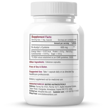 Biotrex Nutraceuticals N Acetyl L-Cysteine (NAC) 600mg, Antioxidant Production | Liver & Kidney | Immunity, Respiratory & Cellular Support - 60 Veg Capsules