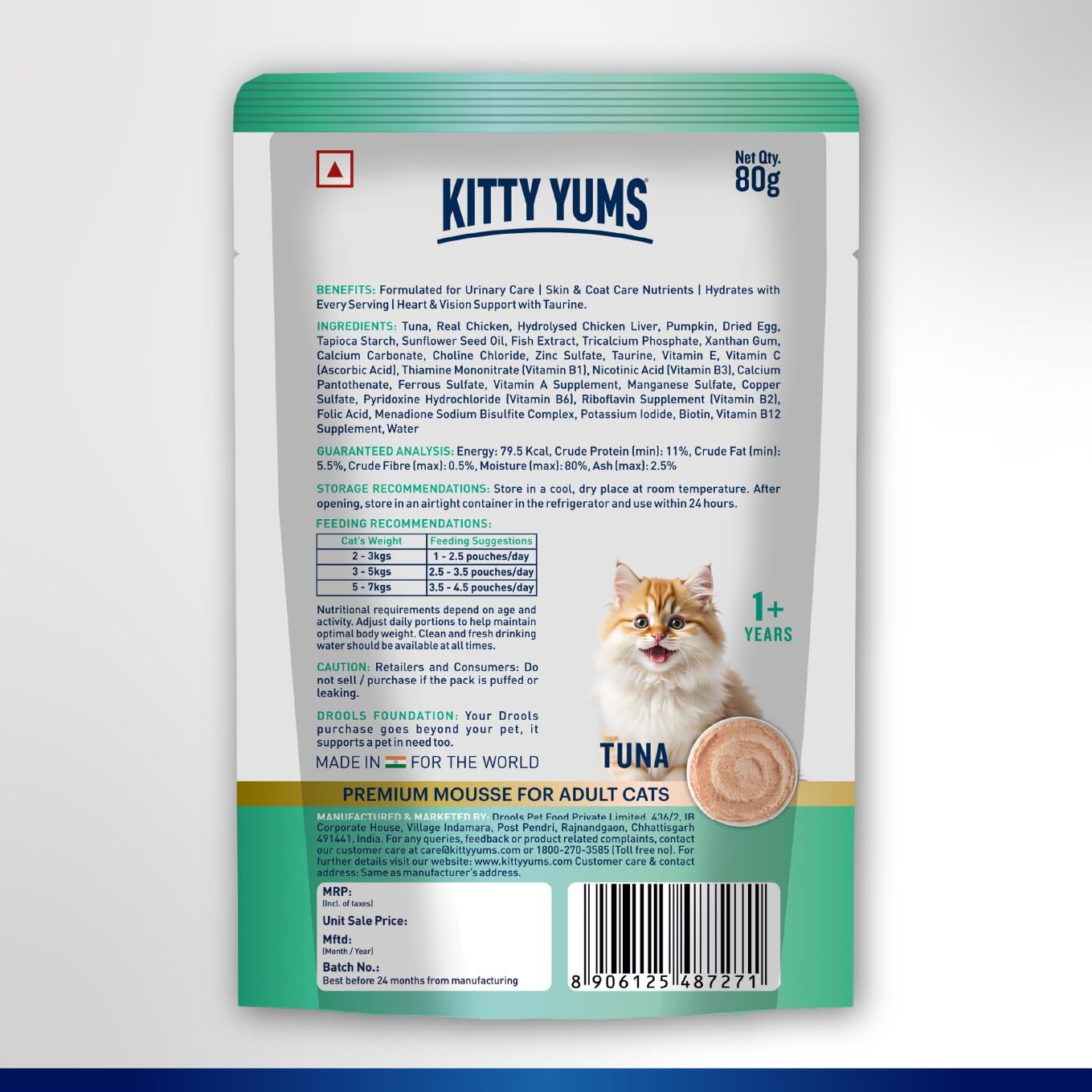 Kitty Yums Adult Cat Wet Mousse 80g | Tuna | Rich in Protein | Promotes Hydration & Easy to Digest | Grain Free | No Artificial Flavours | Packed with Essential Vitamins & Antioxidants