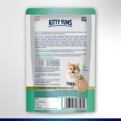 Kitty Yums Adult Cat Wet Mousse 80g | Tuna | Rich in Protein | Promotes Hydration & Easy to Digest | Grain Free | No Artificial Flavours | Packed with Essential Vitamins & Antioxidants