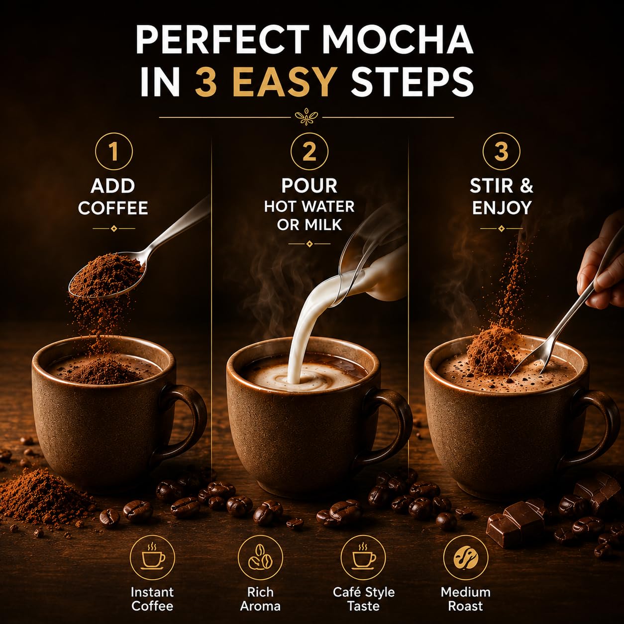 EVORA Greens 100gm Instant Coffee Powder | Mocha Flavour | Coffee with Arabica & Robusta Blend - Medium Roast | Make Café Style Hot or Cold Coffee, black Coffee, Cappuccino, Latte at Home | Make 50 Cups