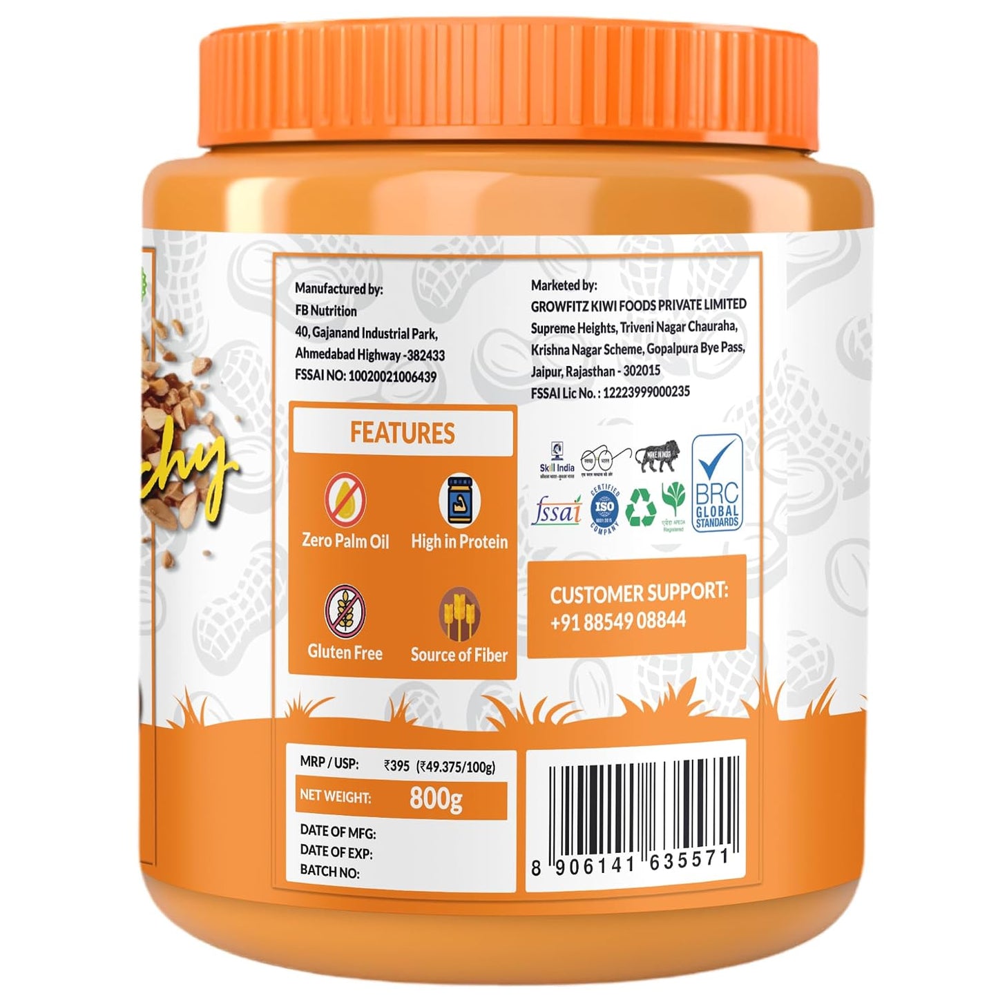 Growfitz Natural Peanut Butter Crunchy 26g, 800 Gram, Pack of 1 | Unsweetened | High Protein | Nut Butter Spread-Workout Snacks | No Sugar, Cholesterol Free, Multi-Vitamins & Boost Muscles (Crunchy)