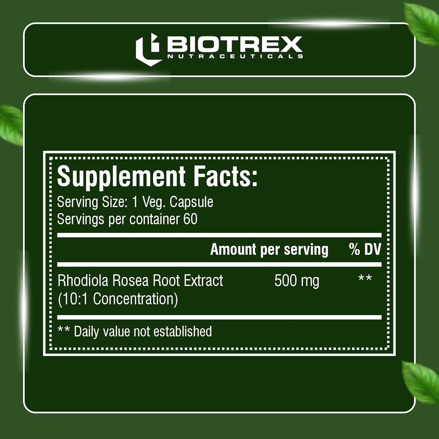 Biotrex Nutraceuticals Rhodiola 500mg Supplement | Adaptogenic Natural Herb | Relaxation & Cognitive Wellbeing | Enhances Resilience, Sleep & Focus | Healthy Stamina | Non-GMO | 60 Veg Capsules