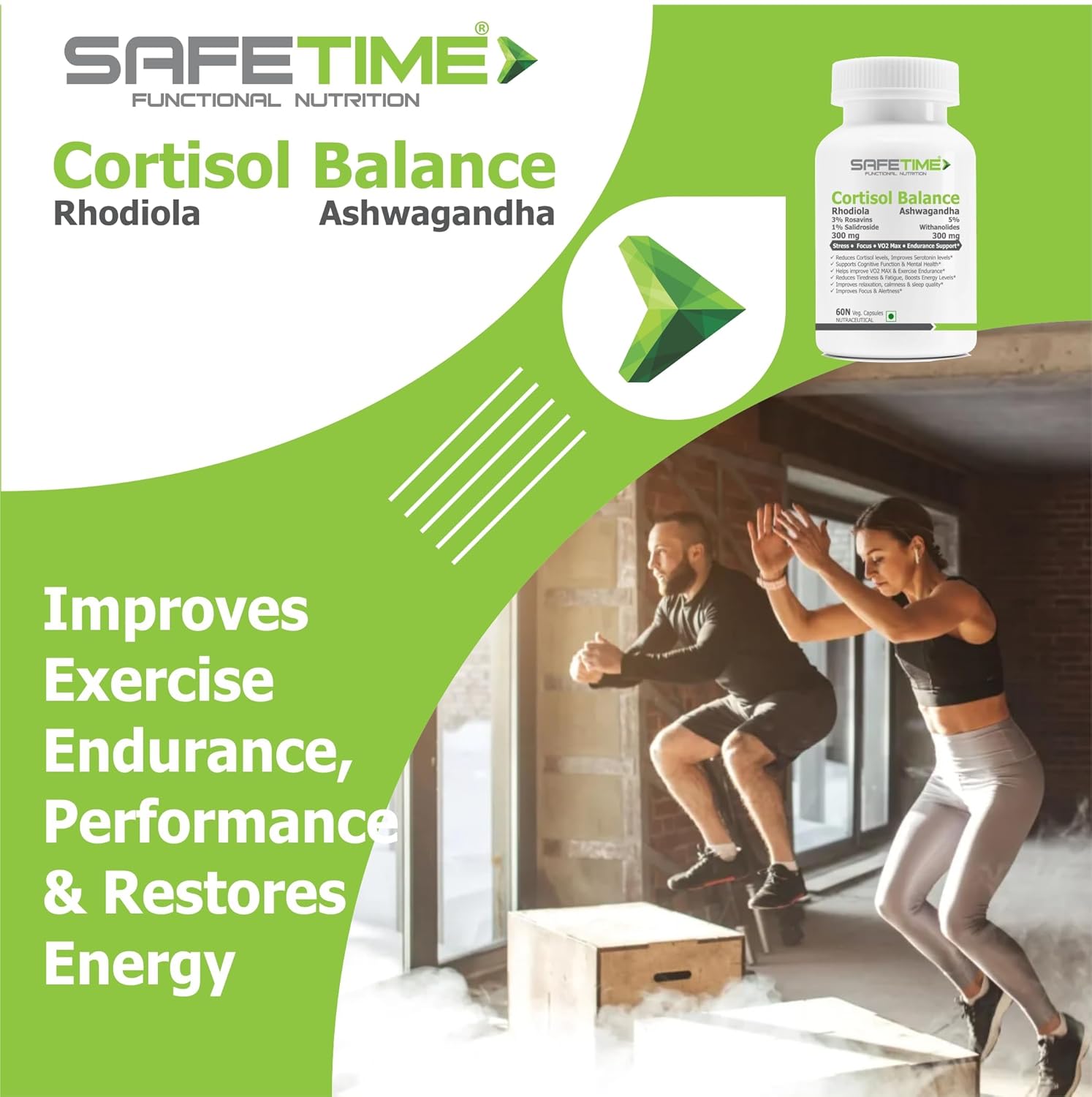 Advertisement for SafeTime Cortisol Balance supplement with two people exercising in the background.