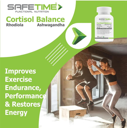 Advertisement for SafeTime Cortisol Balance supplement with two people exercising in the background.