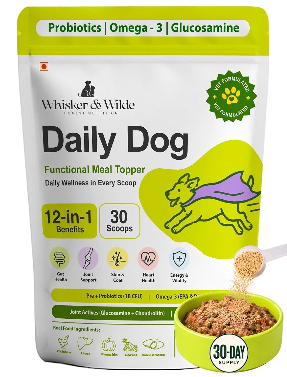 Whisker and Wilde Daily Dog Supplement | Probiotics for Dogs | Supports Gut Health, Joint Health, Skin and Coat | Multivitamin | 12-in-1 Vet-Formulated | Glucosamine + Chondroitin | Omega-3 | 300g