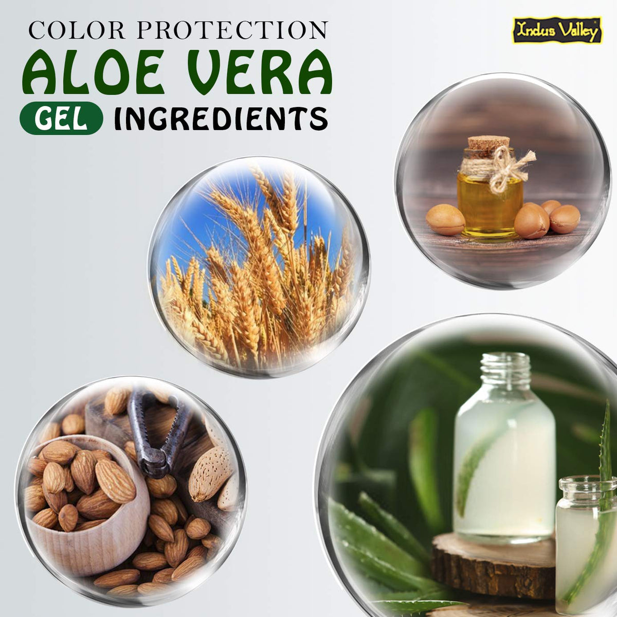 Ingredients for aloe vera gel with text on color protection.