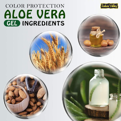 Ingredients for aloe vera gel with text on color protection.