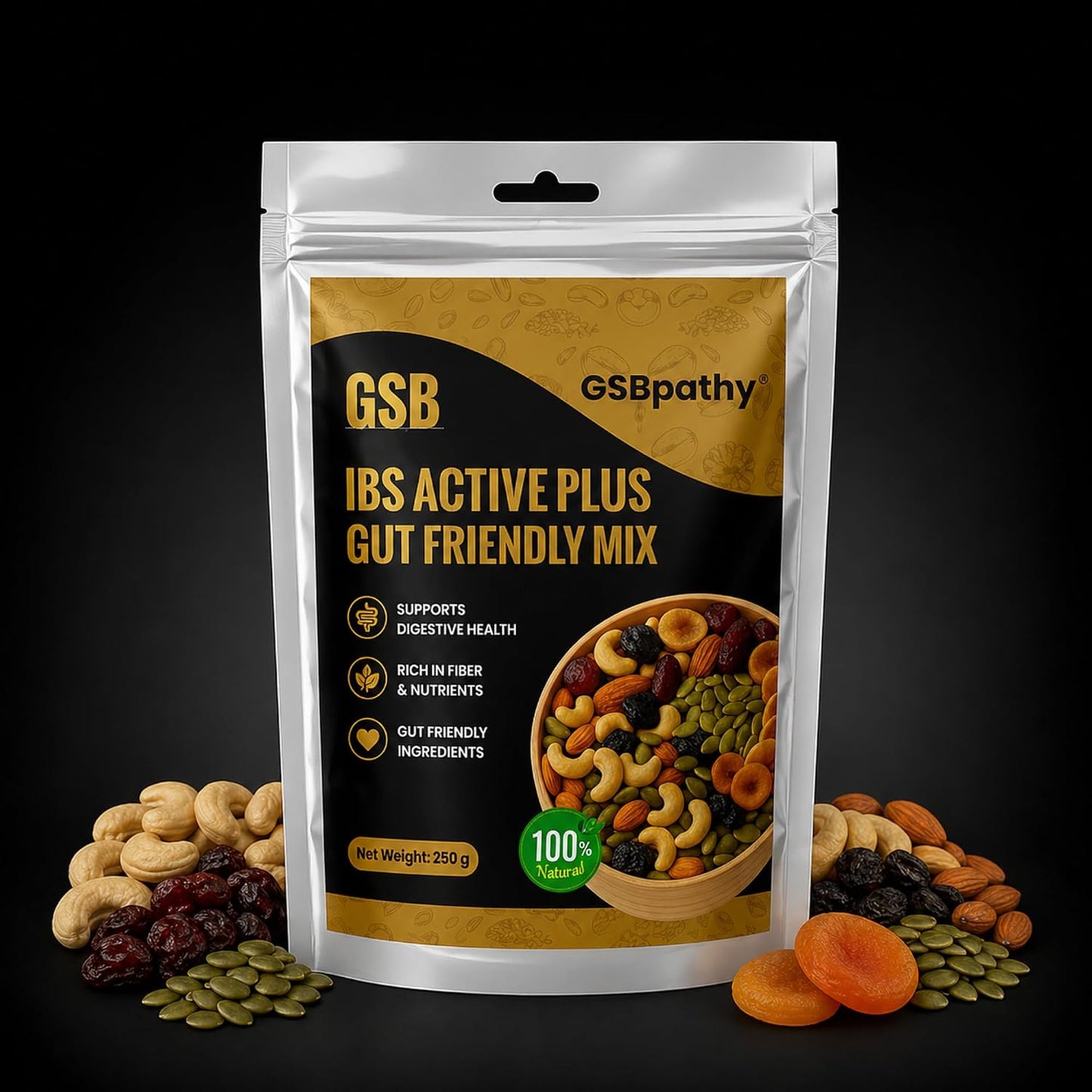 GSBPATHY IBS Active Plus Gut Friendly Mix 250g | Dry Fruits Nuts Seeds Blend with Blueberries, Cranberries, Dried Figs, Almonds, Cashews & Pumpkin Seeds | Fiber Rich Snack for Digestive Wellness