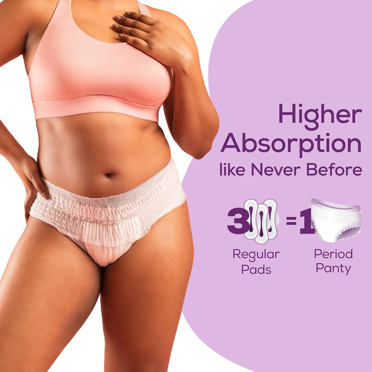 Person wearing a pink sports bra and period pants with promotional text about higher absorption.