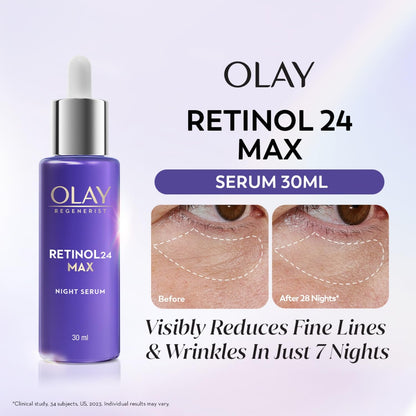 Olay Retinol 24 Max serum bottle with before and after effects on skin.