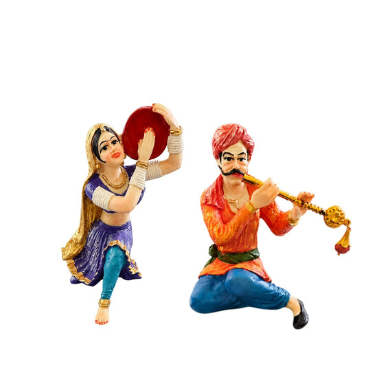 THE SACRED GIFTS Resin Rajasthani Musician Couple Showpiece for Home Decor Living Room, Traditional Folk Art Decorative Figurine Set, Indian Ethnic Table Decor for Bedroom, Office & Gift, Multicolor